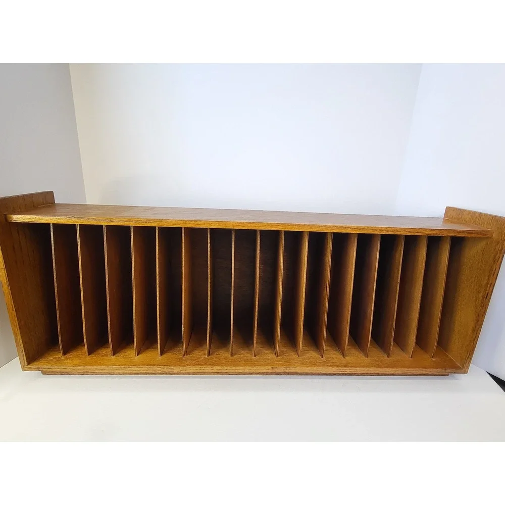 Vintage Retro Wood Media Storage Rack 18 Slot Holder Oak Tone Media Organizer